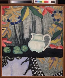 Ainda vida. Pintura de Olga Vladimirovna Rozanova (1886-1918), óleo sobre tela, por volta de 1910. Arte russa, século XX, vanguarda; Museu Estadual de Arte A. Radischev, Saratov (Rússia).