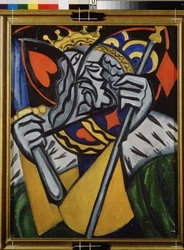 Representação simultânea do rei de copas e do rei de diamantes. (Representação Simultânea do Rei de Copas e do Rei de Ouros). Pintura de Olga Vladimirovna Rozanova (1886-1918), óleo sobre tela, por volta de 1915. Arte russa, século XX, vanguarda