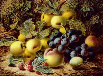 Ainda vida com maçãs, ameixas, uvas e framboesas