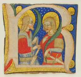 Corte de Folha Manuscrito com inicial R iluminada com São Protásio..., meados do século XV.