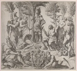 Composição alegórica com seis deuses do Olimpo reunidos em torno de uma figura de armadura, 1615-35., 1615-35.