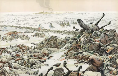 Napoleão observando o massacre na inconclusiva Batalha de Eylau, em fevereiro de 1807