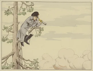 Napoleão assistindo a batalha de Aspern-Essling a partir do topo de uma árvore na ilha de Lobau, 22 de maio de 1809
