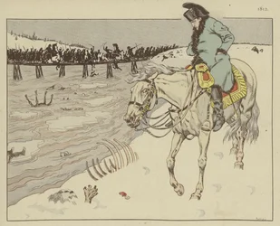 Napoleão observando os restos mortais de seu Grand Armee batendo no Rio Berezina no retiro de Moscou, 1812