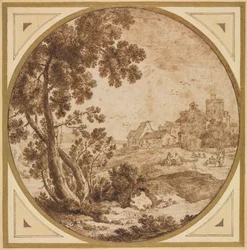 Paisagem com edifícios e figuras, segundo semestre de 1600.