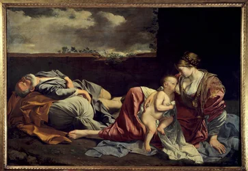 O repouso da Sagrada Família durante a fuga para o Egipto, pintura de Orazio Gentileschi (1562-1647), século XVII, sol. 1,57 x 2,25 m. Paris, Museu do Louvre