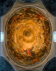 Vista interior da cúpula. Fresco retratando a Assunção da Virgem por Orazio e Girolamo Riminaldi (século XVII)