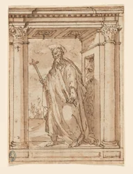 Santo em pé no pórtico