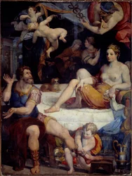 Guerra de Tróia: "Mercúrio ordena Enee a abandonar Didon" Pintura de Orazio Samachini (1532-1577) Sol do século XVI. 2,49x1,78 m