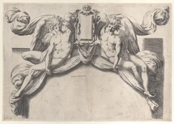 Dois anjos sustentando uma cartela ou escudo, 1568-77., 1568-77.