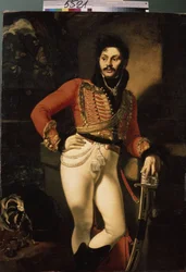 Retrato do coronel Hussar Eugraph Davydov (1775-1823). (Retrato do coronel Hussar E. Davydov). Pintura de Oreste Adamovich Kiprensky (Kiprenski) (1782-1836), óleo sobre tela