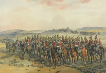 4ª e 5ª Guarda de Dragões, Linha de Dragões Pesados antes da Carga em Balaclava (caneta e tinta e aguarela sobre papel)