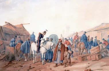 Base de abastecimento do Exército Britânico no porto de Balaclava (Balaklava) - Norie, Orlando (1832-1901) - 1854 - Aquarela sobre papel - 36,3x52,6 - Colecção Privada