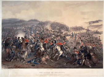 A Batalha de Balaclava (Balaklava) em 25 de Outubro de 1854 - Norie, Orlando (1832-1901) - 1855 - Litografia a cores - 55,4x74,3 - Colecção Privada