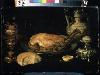 "Natureza morta de galinha, limão, pão, prataria e candeeiro de petróleo" (Natureza morta) Pintura de Osias Beert, o Ancião (1580-1624) Século XVII Mikhail Kroshitsky Art Museum, Sevastopol (Sebastopol) Ucrânia