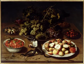Natureza morta de frutas com macacos e borboletas. Pintura de Osias I Beert (1570-1624) Ec. Flam.
