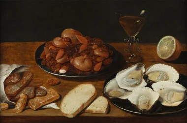 Ainda vida com ostras, assados, limão e copo de vinho