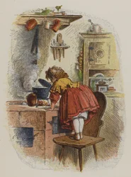 Menina a olhar para uma caçarola num fogão (cor litho)