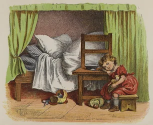 Menina sentada ao lado da sua cama (cor litho)