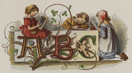 Três meninas praticando a sua escrita (cor litho)