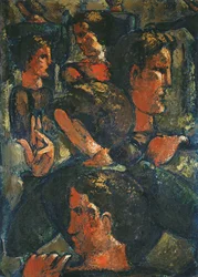 Grupo de figuras com mão levantada; Grupo de figuras com a mão levantada