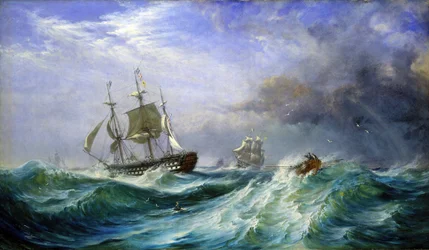 Um homem no mar, lançando socorro do HMS 