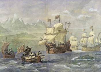 A Descoberta do Estreito de Magalhães (gravura colorida)
