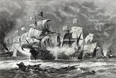 The Vanguard, sob Sir William Winter, envolvendo a Armada Espanhola, de &39;Leisure Hour&39;, 1888