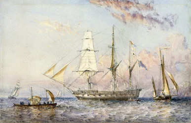 O navio HMS "Rattlesnake" (1822). Aguarela de 1853 de Sir Oswald Walter Brierly (1817-1894).
