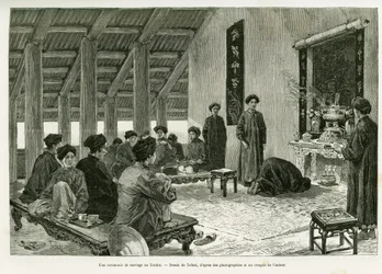 Uma cerimónia de casamento em Tonkin. Gravado por Tofani, para ilustrar a história Trente mois au Tonkin, em 1884, pelo Dr. Paul Hocquard, em le tour du monde 1890, sob a direção de Edouard Charton (1807-1890), Hachette, Paris.