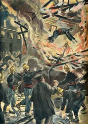 Morte do bombeiro Bailly durante um incêndio num moinho em Bourges em 1898 (Gravura)