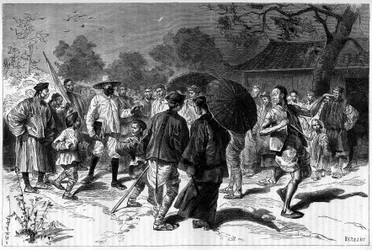 O Dr. Piassetzky viaja para a China, sempre acompanhado por chineses. Gravura após um desenho de Tofani, em "Le Tour du Monde, Nouveau journal des Voyages", editado por Edouard Charton, Paris
