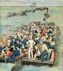 Embarque no navio hospital dos feridos da expedição de madagáscar em 1896 (Gravura)