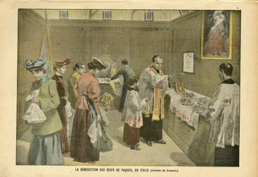 Ilustração de Oswaldo Tofani (1849-1915) em Le Pelerin, 03/04/04 - A Bênção dos Ovos de Páscoa na Itália - Itália, Fé Religiosa, Páscoa, Catolicismo Católico - Egg