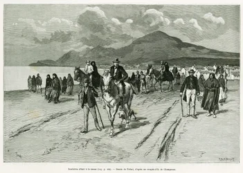 Os ilhéus vão à missa. Gravado por Tofani, para ilustrar a história Trois mois en Irlande, em 1889, por Marie anne de Bovet, no tour du monde 1890, dirigido por Edouard Charton (1807-1890), Hachette, Paris.