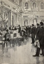 Diplomatas italianos brindam juntos, Paris, França, gravura de desenho de Gennaro Amato, de esboço de Osvaldo Tofani, de L