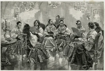 Feira comercial chinesa de Narcisso, Daraga, Filipinas. Gravura de Tofani, para ilustrar a história "Journey to the Philippines".
