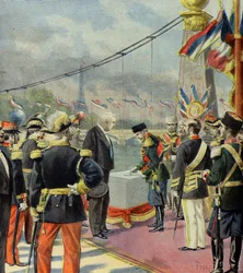 Nicolas 2 lança a primeira pedra da ponte Alexandre 3, na presença de Felix Faure, Paris 1896 (Gravura)