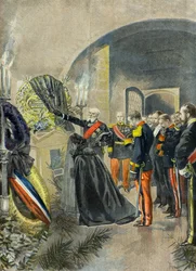 Nicolas 2 coloca uma coroa de flores no túmulo de Sadi Carnot no Panteão, Paris1896 (Gravura)