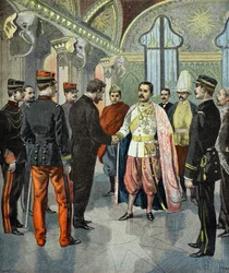 Paul Doumer recebido pelo rei Rama 5 do Sião em 1899 (gravura)