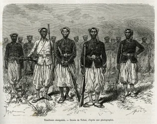 Cavaleiros senegaleses da escolta da expedição. Gravado por Tofani, para ilustrar a história da Exploração em Haut Niger, pelo Comandante Gallieni, da Infantaria Marítima, em 1880-1881, publicado no Tour du monde, sob a direcção de Edouard Charton (1807