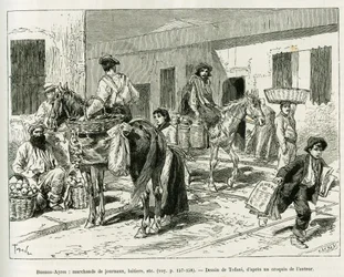 Pequenas empresas, revendedores de jornais, laticínios, vendedores de frutas, etc... nas ruas de Buenos Aires (Argentina). Gravado por Tofani para ilustrar a história Voyage a la Plata, três meses de férias por Emile Blaireaux em 1886, no tour du monde 188
