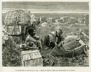 Contrabando de escavações arqueológicas no deserto persa. Gravação por Tofani, para ilustrar a história A Suse