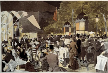 Os boulevards no terraço do café da noite das eleições. De uma pintura de Osvaldo Tofani (1849-1915) Ec. Ital.