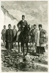 O governador de Kashan (ou Kachan, na província de Teerão, atual Irão) monta um cavalo preto e o seu séquito vai a pé. Gravura de Tofani, a partir de uma fotografia, para ilustrar o relato 