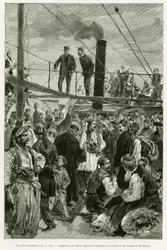 O convés do navio. Gravura de Tofani para ilustrar a história Voyage en Thessalie em 1882, de Paul Monceaux, em le tour du monde 1887, dirigida por Edouard Charton (1807-1890), Hachette, Paris.
