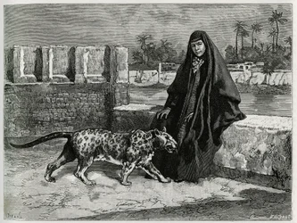 Torkan Khanoum, favorita do xeque Moses, poderoso chefe tribal do Arabistão, com a sua pantera. Gravura de Tofani para ilustrar o relato «Pérsia, Caldeia e Susiana»