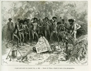 Para que pode ser usado um jornal Gravado por Tofani, para ilustrar a história Chez les cannibales, Voyage dans le nord-est de l