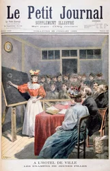 Meninas jovens fazendo exames em uma prefeitura, França, 1895