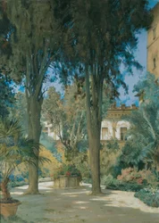 Vista da embaixada em Roma: jardim com dois ciprestes